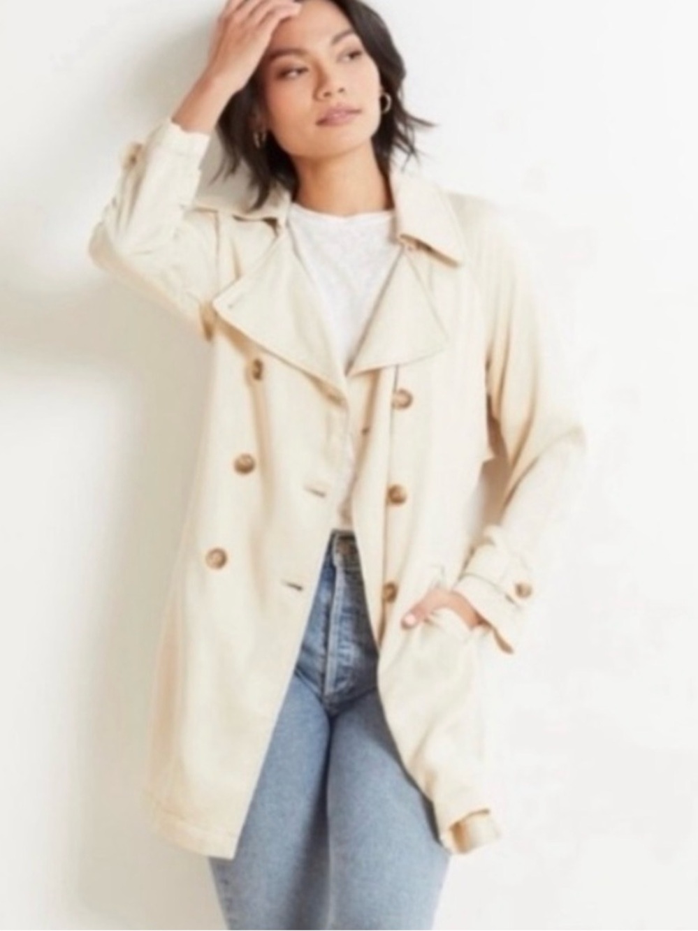 Evereve The Ever Trench Coat Khaki Double-Breasted Trench Coat M